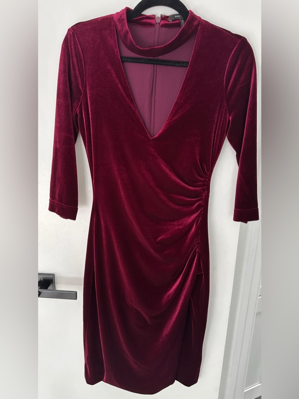 BCBGMaxAzria Burgundy Velvet V-Neck Midi Dress